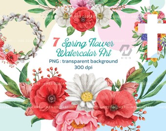 Spring flowers arrangement PNG watercolor clipart, instant download.