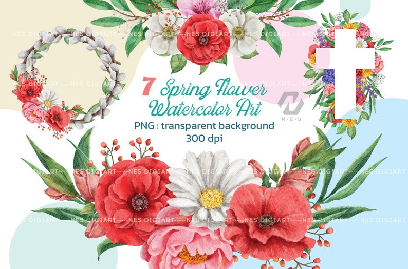 May include: A set of seven watercolor illustrations of spring flowers, including a wreath of white blossoms, a bouquet of pink, red, and white flowers, and a cross surrounded by flowers. The illustrations are on a white background with a text overlay that reads "7 Spring Flower Watercolor Art PNG: transparent background 300 dpi".
