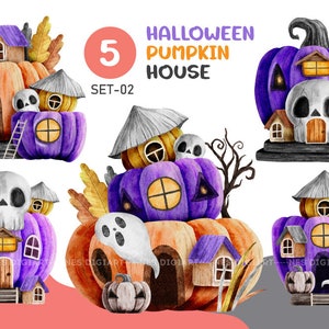 Cute Pumpkin Halloween House Watercolor PNG Clipart Bundle (set-02), instant Download