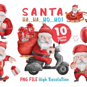 Santa Claus Cartoon Watercolor Christmas Clipart, Santa Claus PNG Bundle.