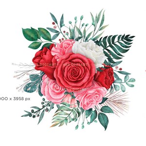 May include: A watercolour painting of a bouquet of red, pink and white roses with green leaves. The roses are arranged in a cluster, with the red roses in the centre and the pink and white roses surrounding them.