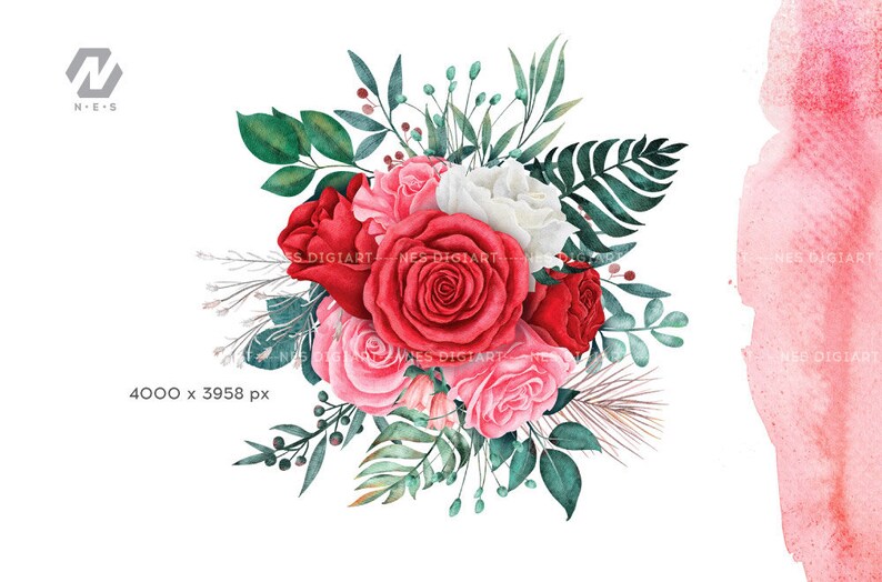May include: A watercolour painting of a bouquet of red, pink and white roses with green leaves. The roses are arranged in a cluster, with the red roses in the centre and the pink and white roses surrounding them.