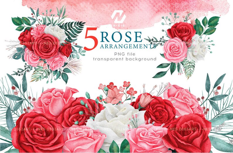 May include: Five watercolour rose arrangements featuring red, pink and white roses, greenery and berries. PNG file, transparent background.