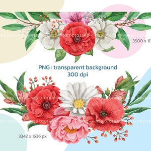 May include: Watercolor illustration of a bouquet of red, white, and pink flowers with green leaves. The flowers are arranged in a circular shape and have a soft, romantic feel.