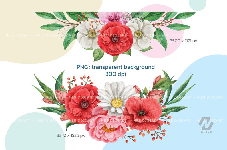 May include: Watercolor illustration of a bouquet of red, white, and pink flowers with green leaves. The flowers are arranged in a circular shape and have a soft, romantic feel.