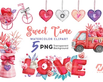 Valentine Clipart Bundle, Valentine PNG file set-02, Sweet love Aquarell Painting, Téléchargement numérique