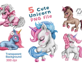 Unicorn PNG Clipart Cartoon Watercolor Art, Instant Download