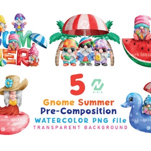Gnome SUMMER PNG Clipart Composition, Gnome Watercolor Instant Download