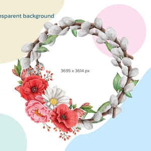 May include: A watercolor wreath with white pussy willow branches and red, pink, and white flowers. The wreath is on a white background with pastel blue and pink shapes.