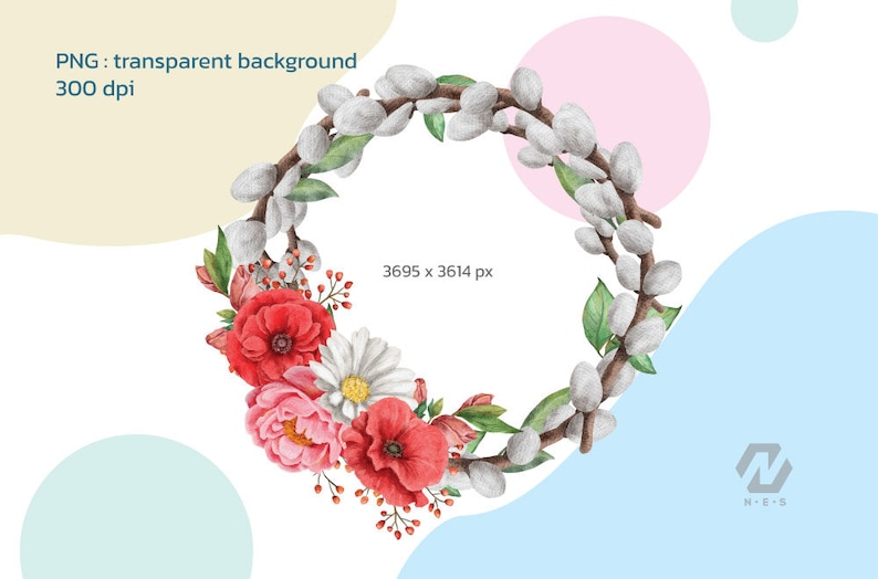 May include: A watercolor wreath with white pussy willow branches and red, pink, and white flowers. The wreath is on a white background with pastel blue and pink shapes.
