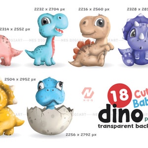 Peut inclure: Ensemble de 18 illustrations de b&eacute;b&eacute;s dinosaures mignons avec des fonds transparents. Les dinosaures sont dans diff&eacute;rentes poses et couleurs, notamment rose, bleu, jaune et violet.