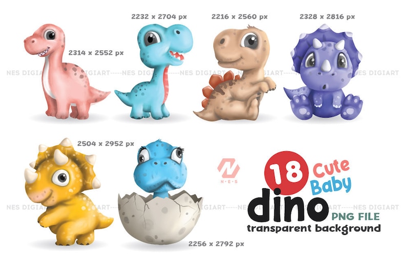 Peut inclure: Ensemble de 18 illustrations de b&eacute;b&eacute;s dinosaures mignons avec des fonds transparents. Les dinosaures sont dans diff&eacute;rentes poses et couleurs, notamment rose, bleu, jaune et violet.