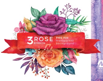 Rose Clipart PNG, Rose Ribbon Watercolor Clipart bundle, Instant Download