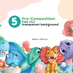 Peut inclure: Une illustration num&eacute;rique de cinq dinosaures de dessin anim&eacute; avec un fond transparent. Les dinosaures sont un T-Rex bleu, un pt&eacute;rodactyle vert, un st&eacute;gosaure bleu, un tric&eacute;ratops jaune et un v&eacute;lociraptor violet. Les dinosaures sourient tous et ont de grands yeux. L'illustration est parfaite pour une utilisation dans des projets num&eacute;riques.