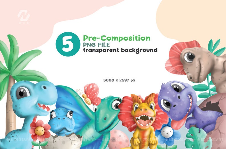 Peut inclure: Une illustration num&eacute;rique de cinq dinosaures de dessin anim&eacute; avec un fond transparent. Les dinosaures sont un T-Rex bleu, un pt&eacute;rodactyle vert, un st&eacute;gosaure bleu, un tric&eacute;ratops jaune et un v&eacute;lociraptor violet. Les dinosaures sourient tous et ont de grands yeux. L'illustration est parfaite pour une utilisation dans des projets num&eacute;riques.