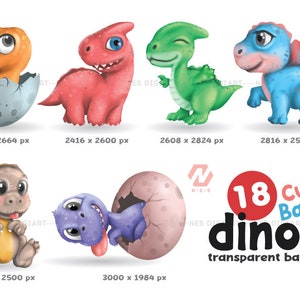 Peut inclure: Ensemble de 18 illustrations de b&eacute;b&eacute;s dinosaures mignons dans diff&eacute;rentes poses, notamment un dinosaure &eacute;closant d'un &oelig;uf, un dinosaure vert faisant un clin d'&oelig;il et un dinosaure bleu avec une collerette rose. Les illustrations sont de style cartoon et ont un fond blanc.