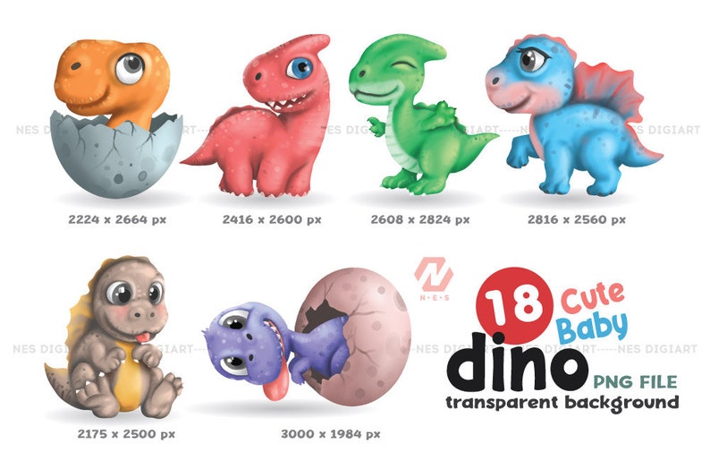 Peut inclure: Ensemble de 18 illustrations de b&eacute;b&eacute;s dinosaures mignons dans diff&eacute;rentes poses, notamment un dinosaure &eacute;closant d'un &oelig;uf, un dinosaure vert faisant un clin d'&oelig;il et un dinosaure bleu avec une collerette rose. Les illustrations sont de style cartoon et ont un fond blanc.