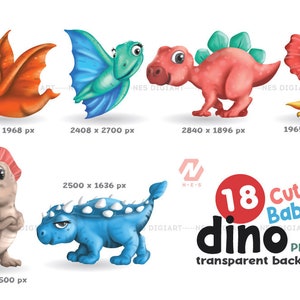 Peut inclure: Ensemble de 18 adorables b&eacute;b&eacute;s dinosaures de dessin anim&eacute; dans diff&eacute;rentes poses et couleurs. Les dinosaures sont illustr&eacute;s dans un style aquarelle avec un fond transparent. Le texte "18 Cute Baby Dino PNG File transparent background" est inclus dans l'image.