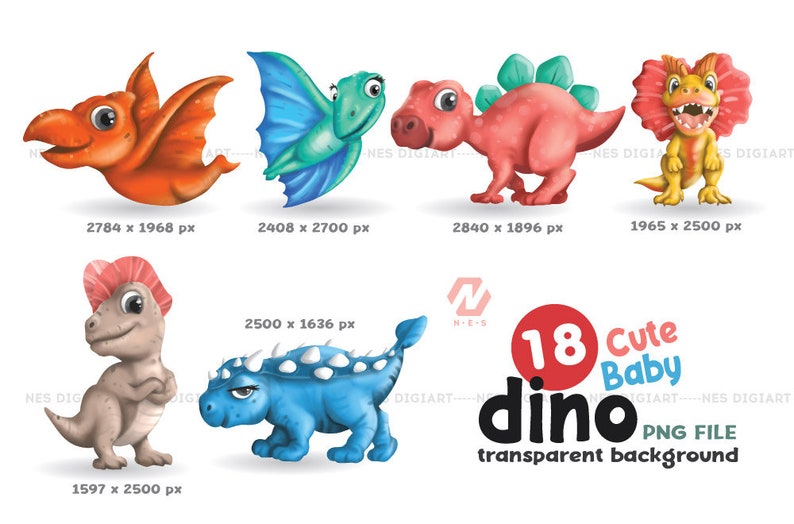 Peut inclure: Ensemble de 18 adorables b&eacute;b&eacute;s dinosaures de dessin anim&eacute; dans diff&eacute;rentes poses et couleurs. Les dinosaures sont illustr&eacute;s dans un style aquarelle avec un fond transparent. Le texte "18 Cute Baby Dino PNG File transparent background" est inclus dans l'image.