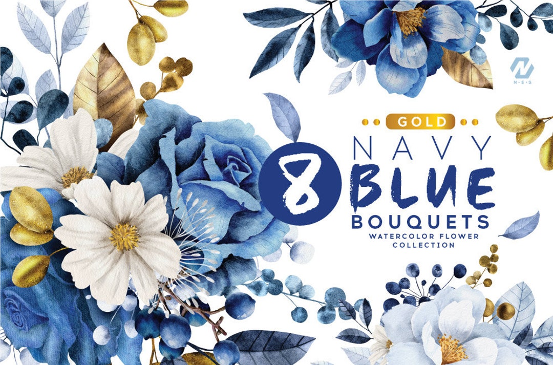 Navy Blue Flower Bouquet Watercolor Clipart Bundle, Digital Download Etsy