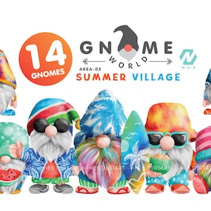 Gnome SUMMER PNG Clipart Bundle, Gnome Watercolor Instant Download