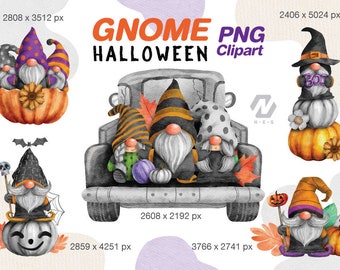 Könnte beinhalten: Ein Set digitaler Cliparts mit Aquarell-Illustrationen von Gnomen in Halloween-Kostümen. Die Gnomen halten Kürbisse, fahren in einem Lastwagen und tragen Hexenhüte. Die Illustrationen sind im Cartoon-Stil gehalten und perfekt, um Ihren Halloween-Projekten eine festliche Note zu verleihen.