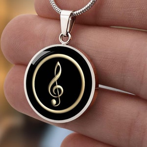 Golden Treble Clef Pendant Symbol Necklace with Gold or Silver Finish with Engraving - Jewelry Gift for Musicians, music teachers, band