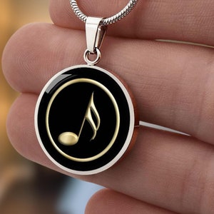 Golden 16th Note Pendant Symbol Necklace with Gold or Silver Finish with Engraving - Jewelry Gift for Musicians, music teachers, composers