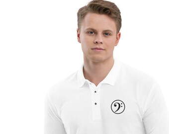 Music Bass Clef Embroidered Men's  Premium Polo - White, Gift for Musicians