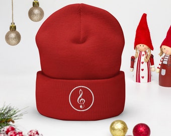 Musik weiß Treble Clef bestickt gefesselt Beanie, Geschenk für Musiker