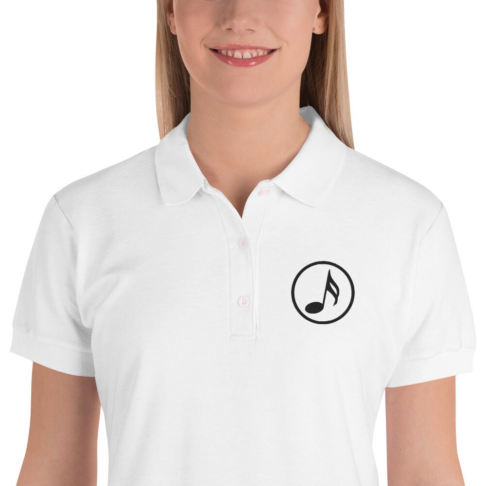 Discover 16th Note Music Symbol Embroidered Women's Polo Shirt - Black, Gift for Musicians