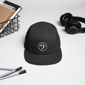 White Bass Clef Music Symbol Five Panel Cap, Gifts for Musicians