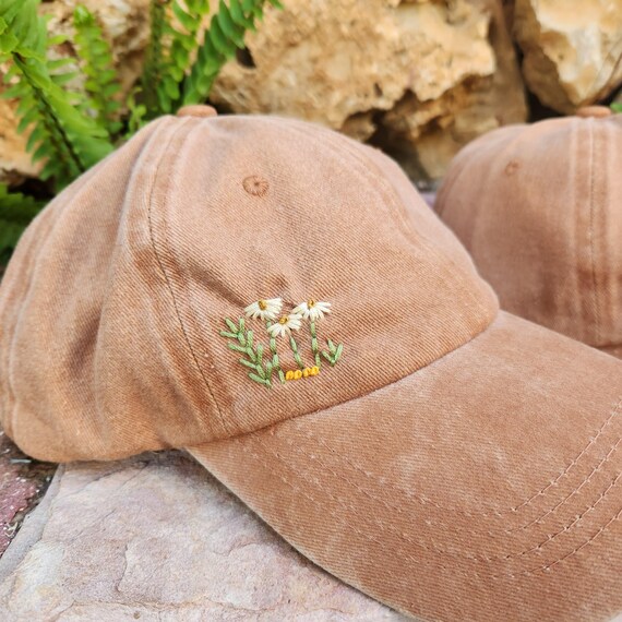 Tan Cap with Yellow Floral Embroidery Hand Embroidered Hat, Yellow Embroidered Baseball Cap  main image 4