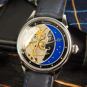 Orologio lunare Orologio spaziale Orologio scheletrico Orologio da matrimonio Orologio fatto a mano Orologio meccanico Orologio da collezione Orologio personalizzato Regalo per il marito
