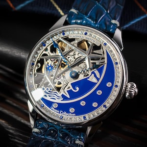 Orologio scheletrico lunare Orologio fatto a mano Orologio di lusso Orologio scheletrico Orologio lunare Orologio spaziale Orologio steampunk Orologio meccanico Orologio inciso