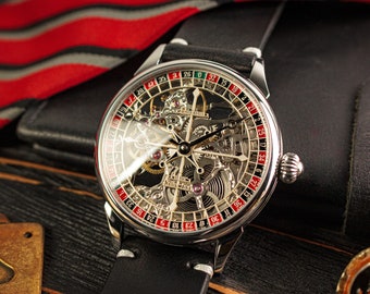 Roulette watch Casino watch Skeleton watch Steampunk watch Mens skeleton watch Skeleton mechanical Custom watch Gift for husband