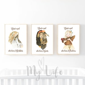 Girl Wall Art Set of 3 Watercolor Girls Holding Chicken, Rabbit and Goat Animal Lover Girl Bedroom Décor Personalized Gift image 7