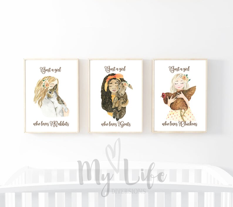 Girl Wall Art Set of 3 Watercolor Girls Holding Chicken, Rabbit and Goat Animal Lover Girl Bedroom Décor Personalized Gift image 7