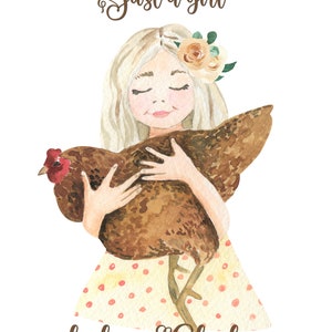 Girl Wall Art Set of 3 Watercolor Girls Holding Chicken, Rabbit and Goat Animal Lover Girl Bedroom Décor Personalized Gift image 2