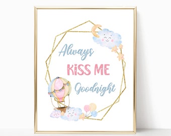 Always Kiss Me Goodnight | Watercolor Frame in Pink Flowers and Gold | Wall Art for Nursery or Child Bedroom | Digital Download Printable