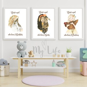 Girl Wall Art Set of 3 Watercolor Girls Holding Chicken, Rabbit and Goat Animal Lover Girl Bedroom Décor Personalized Gift image 5