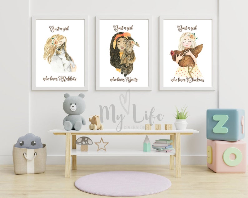 Girl Wall Art Set of 3 Watercolor Girls Holding Chicken, Rabbit and Goat Animal Lover Girl Bedroom Décor Personalized Gift image 5