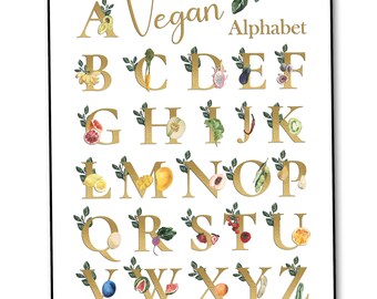 Vegan Alphabet Print | Vegetable and Fruit Wall Art | Watercolor Alphabet | Personalized Gift