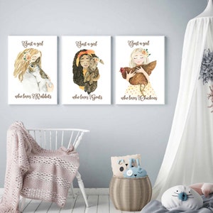 Girl Wall Art Set of 3 Watercolor Girls Holding Chicken, Rabbit and Goat Animal Lover Girl Bedroom Décor Personalized Gift image 1