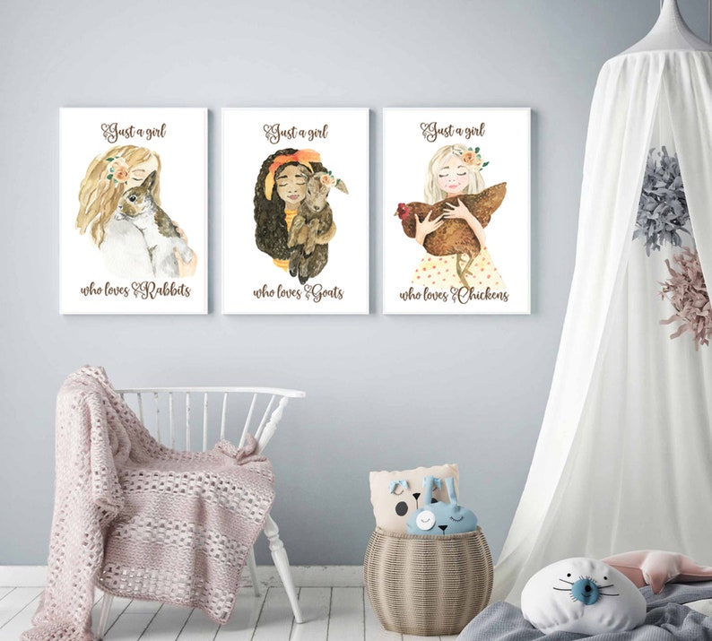 Girl Wall Art Set of 3 Watercolor Girls Holding Chicken, Rabbit and Goat Animal Lover Girl Bedroom Décor Personalized Gift image 1