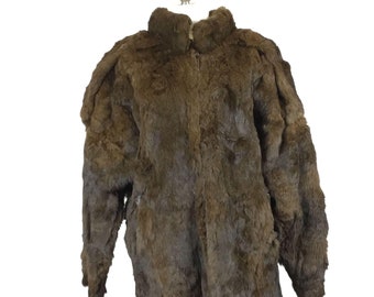 Vintage 1980s Brown Rabbit Fur Zip Front Jacket Bomber Dolman Sleeve