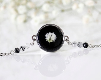 Bracelet Gypsophile & Quartz tourmaline, Bijou argent minimaliste floral, cadeau femme fait main, Handmade resin jewelry gift for her