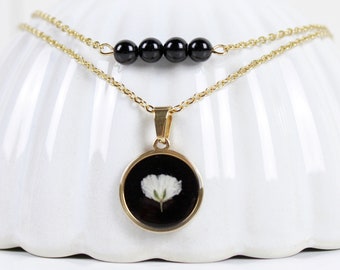 Black Tourmaline & Floral Necklace, , Gold plated double layer necklace,  Gifts for her, black and gold boho necklace, Mothers day gift