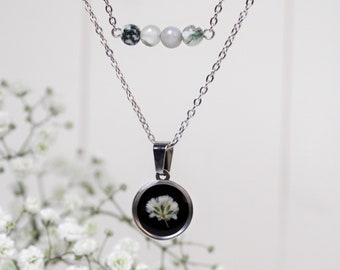 Baby's breath moss agate Necklace, women gemstone resin jewelry, Mothers day gift for her, handmade silver double layer necklace