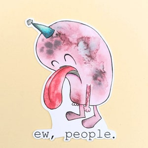 Dire autocollant « ew, people » - sticker monster - violet avec chapeau - style bande dessinée - ca 7 cm - fait main - autocollant drôle